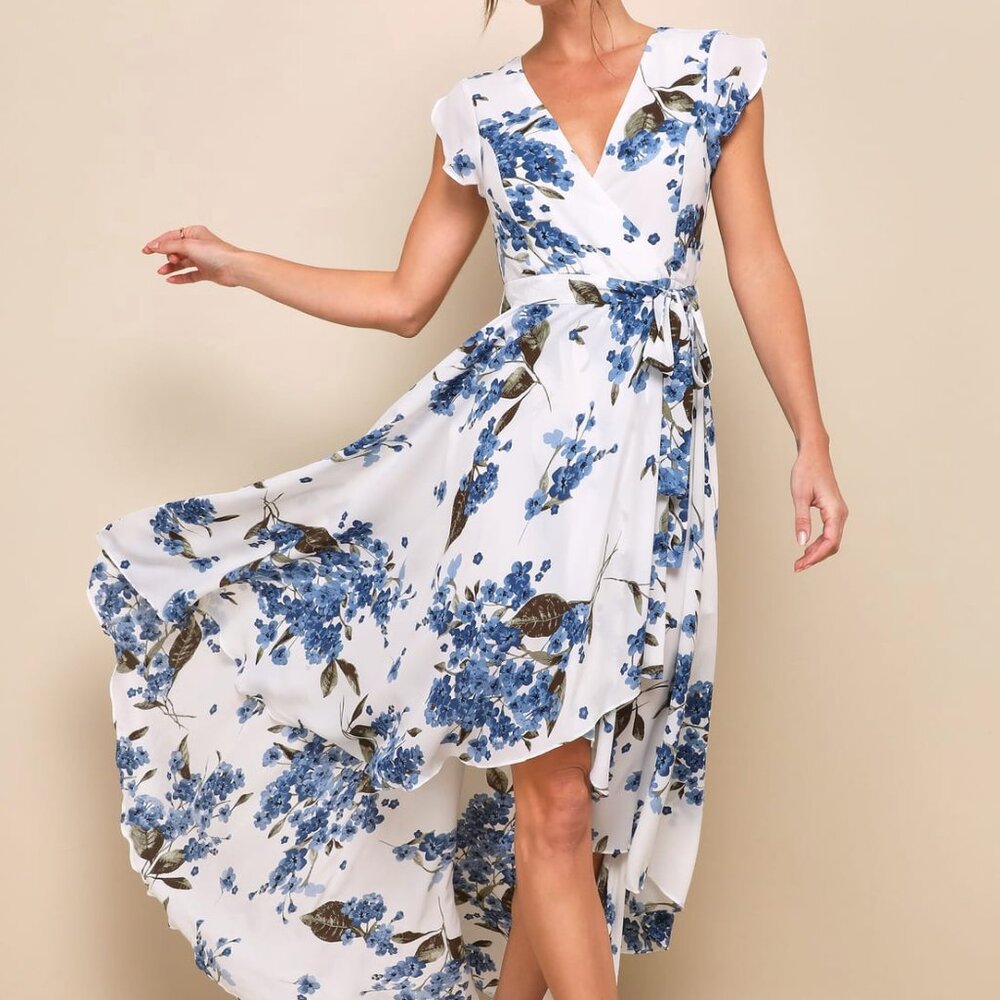 Lulu's French Countryside White Floral Print High-Low Dress Size L